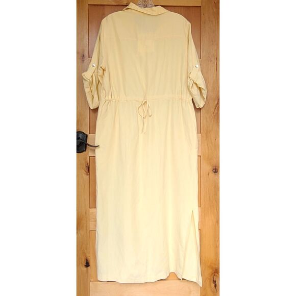 NEW H Look Silk Linen Butter Yellow Maxi Shirt Dress MEDIUM Roll Tab Sleeves M - Picture 2 of 6